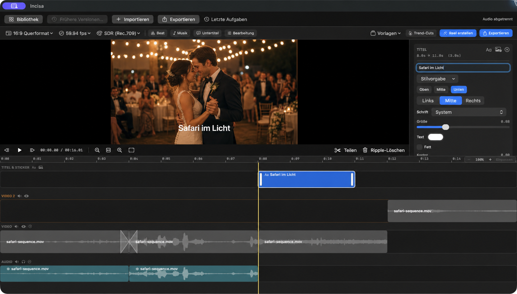 Incisa mit einer Hochzeitsaufnahme im Vorschaufenster, Titelspur, zwei Videospuren, gelöstem Audio und sichtbarer Kreuzblende.