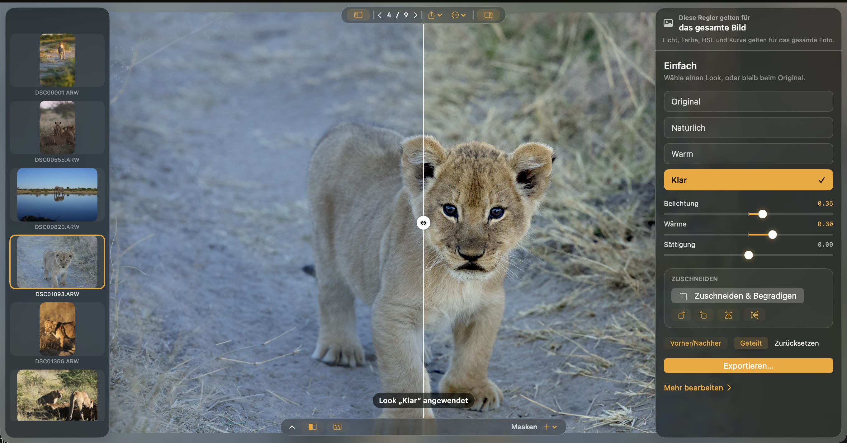 Opura Photo Simple mode showing the original and adjusted landscape side by side with three controls.