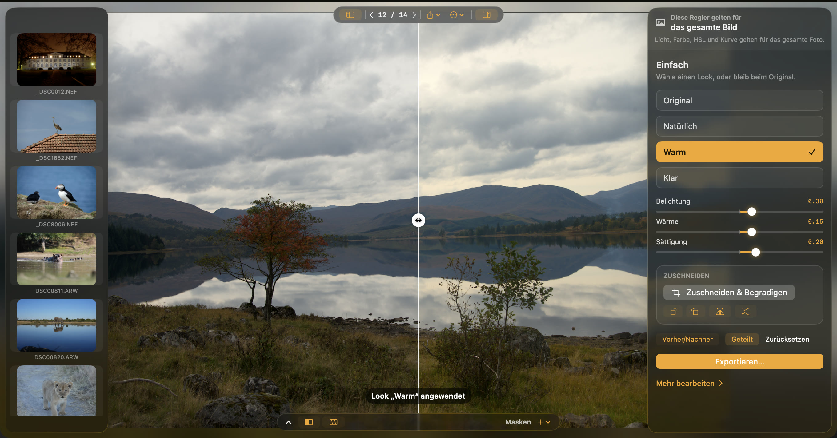 Opura Photo split view comparing the original Scottish loch photograph with the developed result.